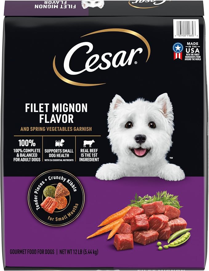 Cesar Small Breed Dry Dog Food, Filet Mignon & Spring Vegetables, 12 lb | Made in USA, Real beef #1 ingredient, 26 essential nutrients, supports small breed health, no artificial flavors