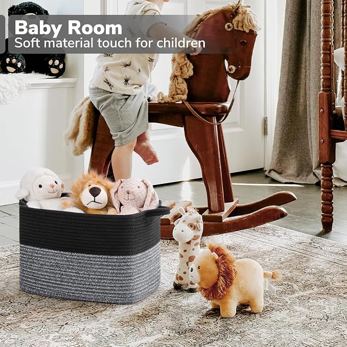 Goodpick Woven Storage Basket for Shelves, 13" x 10" x 9", Black & Gray | Decorative Gift Basket for Nursery & Bedroom, Cotton Rope Baskets for Toys, Books & Daily Essentials, Rectangle Design