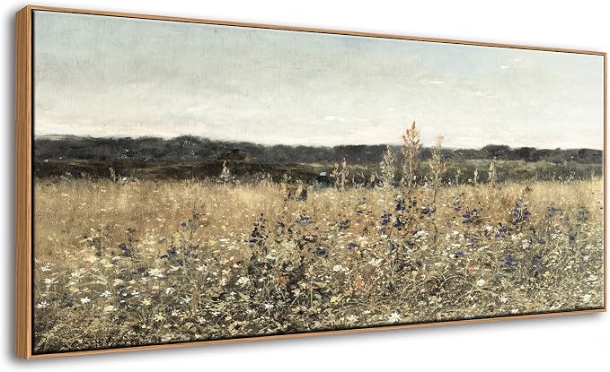 DJSYLIFE Oversized Framed Wall Art, Wildflower Landscape, 29.5 x 57.9 Inch | Extra Large Painting, Vintage Canvas Prints, Ready to Hang, Classical Flowers Pictures, Farmhouse Living Room Bedroom Decor