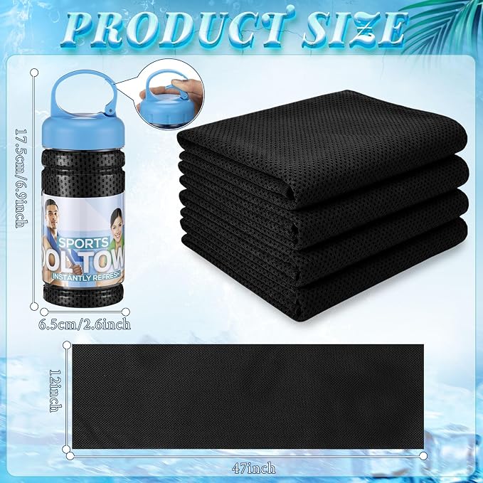 Honoson 10 Pcs Cooling Towels for Neck and Face, 47"x12" Sports Breathable Ice Towels Microfiber Chilly Sweat Rags with Portable Bottle for Gym Golf Athletes Yoga Workout Hot Weather (Black)