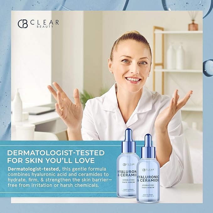 Clear Beauty Ceramide & Hyaluronic Acid Serum for Face - Dermatologist Tested, Anti Aging Korean Skin Care - Deep Hydration, Plumps Fine Lines, Firms, Barrier Repair - Vegan, Clean Beauty- 1.69 Fl Oz