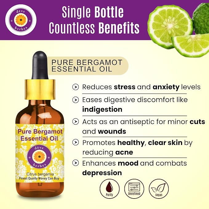 Deve Herbes Pure Bergamot Essential Oil (Citrus bergamia) with Glass Dropper Natural Therapeutic Grade Steam Distilled 10ml (0.33 oz)