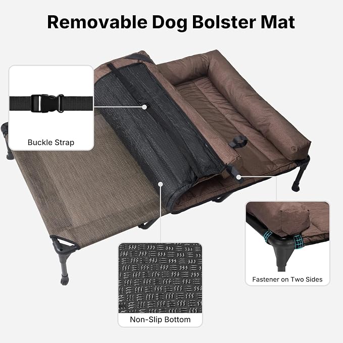 Veehoo Outdoor Elevated Dog Bed with Waterproof Bolster Cushion, Cooling | Raised Dog Bed with Removable & Washable Mat Topper, Breathable Mesh, Dog Couch Cot for Indoor Outdoor, 59", Large, Brown
