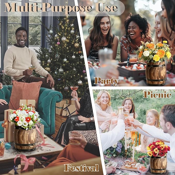 4Pcs Ippoulas Wooden Wine Barrel Planters 8" x 6.5" - Set of Rustic Wood Vases for Flowers, Centerpieces Decor | Wine Barrel Wedding, Party, Home Decoration
