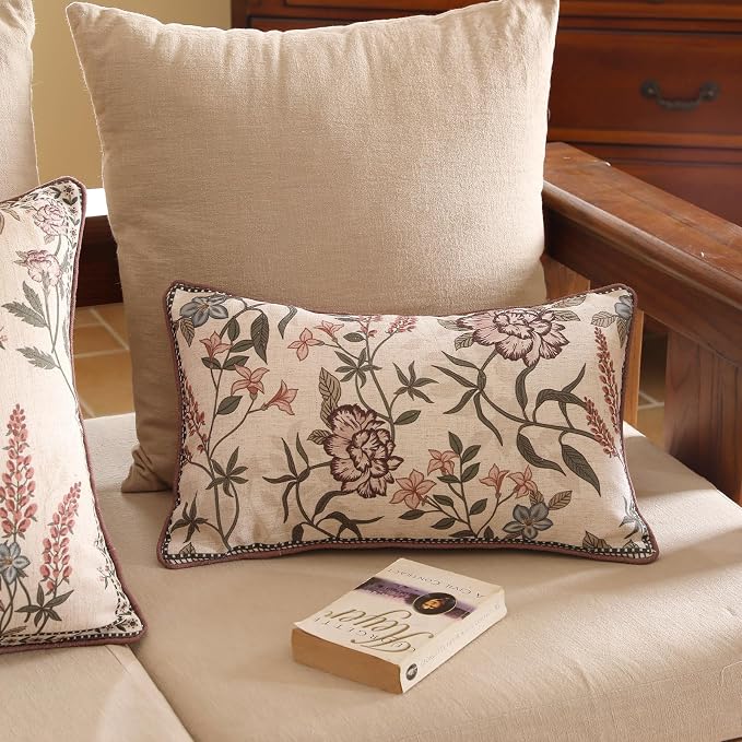 Designer Vintage Linen Throw Pillow Cover,20"x12"-Helena B | Elegant French Rectangle Pillow Cover,Concealed Zipper Design,Floral Pattern,Sofas,Bedroom,Living Room,Lounge Chairs