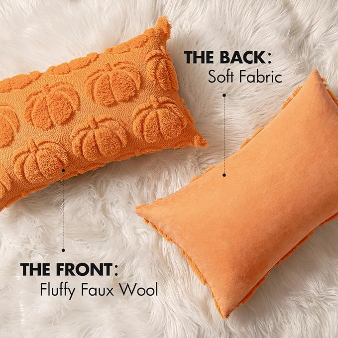 MIULEE Fall Pillow Covers Pumpkin Fall Decor Lumbar 12x20 Orange | Set of 2 Fall Decorations for Home, Plush Faux Fur Farmhouse Accent Pillowcases, Porch Sofa Couch Cushion Bed Livingroom