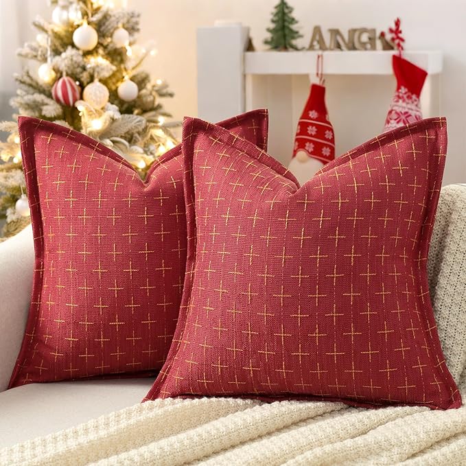 Christmas Pillow Covers 26x26 Set of 2 Soft Polyester Textured Red Pillows with Stylish Flange Edge Cozy Farmhouse Christmas Decor for Couch Bed Sofa Living Room (Red)