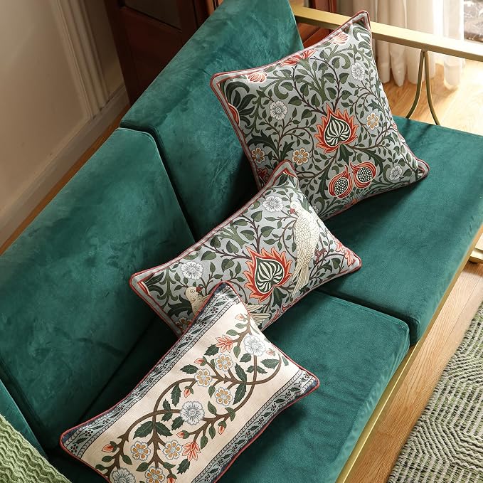 Vintage Linen Throw Pillow Cover,Set of 2,20"x12"-Naples C | Designer French Elegant Pillow Cover,Concealed Zipper Design,Floral Pattern,Sofa,Bedroom,Living Room,Lounge Chairs
