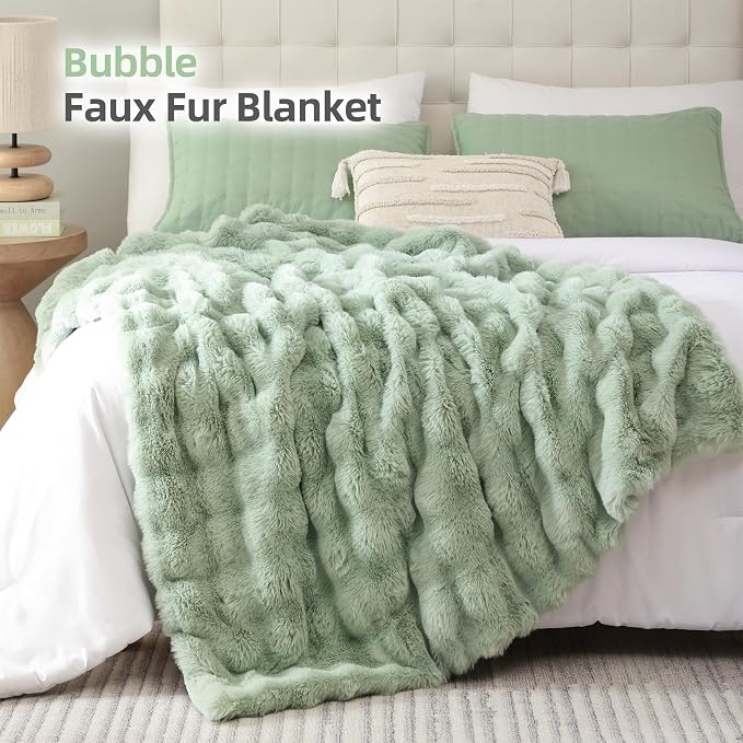 Faux Rabbit Fur Throw for Couch - Sage Green Bubble Blanket 60"x80" | Fluffy Plush Fuzzy Throw for Sofa & Bed, Super Soft Cozy Comfrt Blanket, Luxury Aesthetic Sage Green Decor Gift for Women