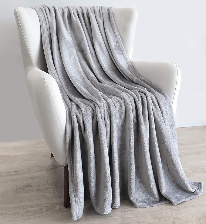 TASTHROW Large Flannel Fleece Throw Blanket, 50×70 Inch - Light Grey | Cozy Lightweight Thick Blanket - All Seasons Suitable for Women, Men and Kids (Two Pack)