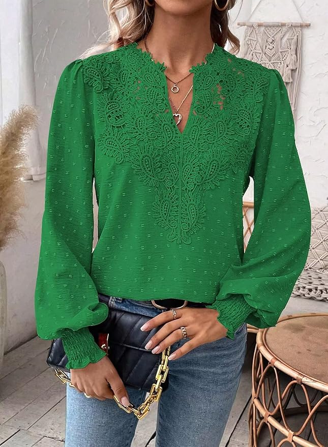 Womens Tops Swiss Dot Boho Long Sleeve Shirts V Neck Casual Chiffon Blouses Flowy Lace Hem Cute Clothing Trendy 2026