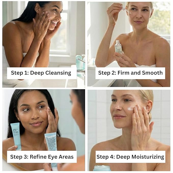 Global Beauty Care Smooth & Lift Collagen Skin Care Set - Hydrating & Firming Facial Cleanser, Serum, Eye Cream & Face Cream with Peptides & Hyaluronic Acid, Complete Face Care Routine, 4-Piece Set