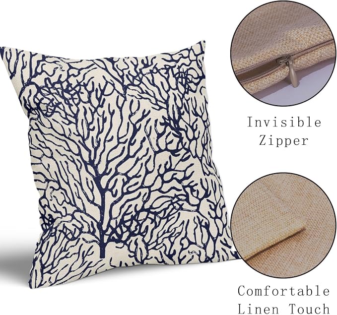 Nautical Coastal Coral Pillow Covers 20x20 Inch Set of 2 Summer Ocean Beach White Blue Decorative Pillow Cases Outdoor Linen Cushion Cover Farmhouse Decor for Bedroom Home Sofa Couch Bed