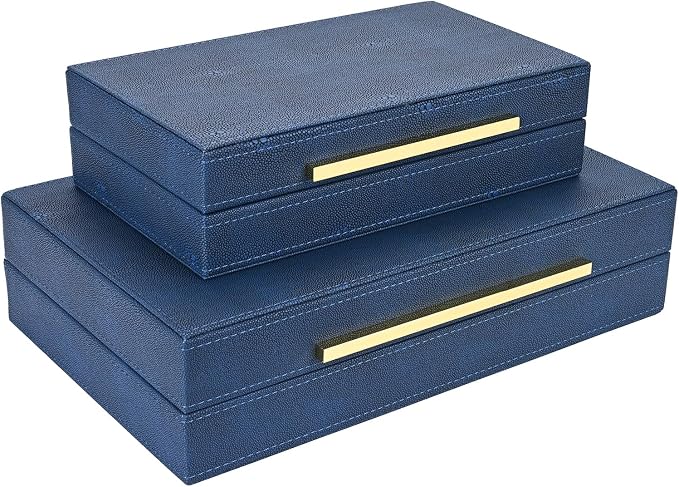 Navy Blue Shagreen box Set of 2 Faux Leather Decorative Boxes,Large Nesting Storage Decorative Boxes with Lids for Modern Home Decor Stacking Jewelry Box Organizer