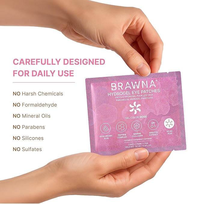 BRAWNA Under Eye Patches – Hydrogel Masks with Collagen, Peptides & Kojic Acid – For Puffy Eyes, Fine Lines, Dark Circles & Brightening – Rose – 24 Pairs
