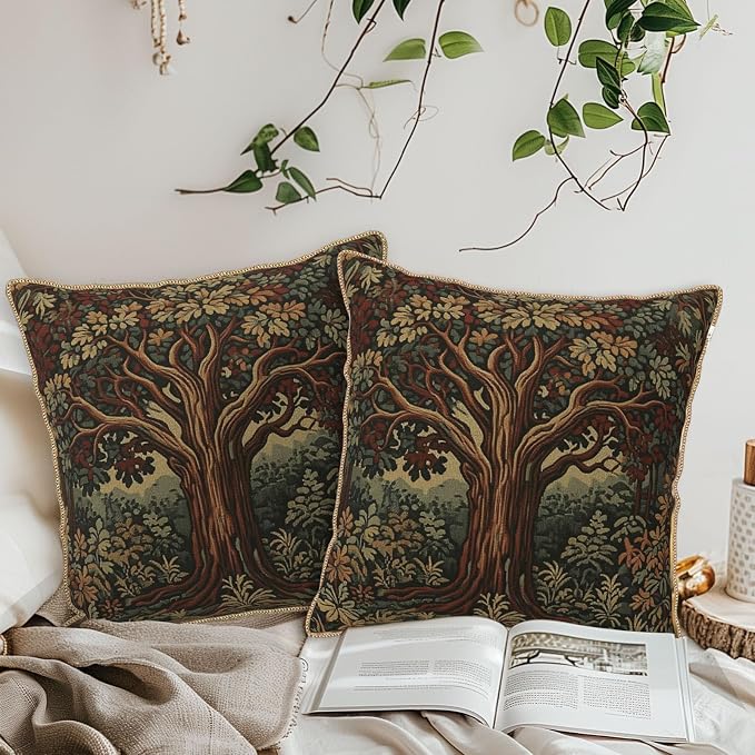 Vintage Forest Tree Velvet Pillow Covers 16x16 Inch Green Retro Tapestry Throw Pillows for Couch Cushion Covers Pillowcase Boho Farmhouse Pillow Cases for Sofa Bed Bedroom