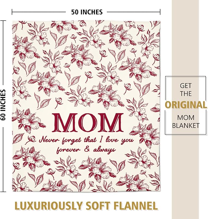 Gifts for Mom, Mom Birthday Gifts from Daughter Son, To My Mom Blanket | I Love You Mom Gifts for Birthday, Christmas, Mothers Day, Blanket for Mom with Hibiscus Flowers Print, 60" x 50", Burgundy