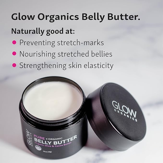 Glow Organics Belly Butter for Pregnancy, 100% Organic Stretch Mark Cream, Maternity Skincare for Itchy Skin & Scars, Safe Daily Ritual for Moms, 3.8oz