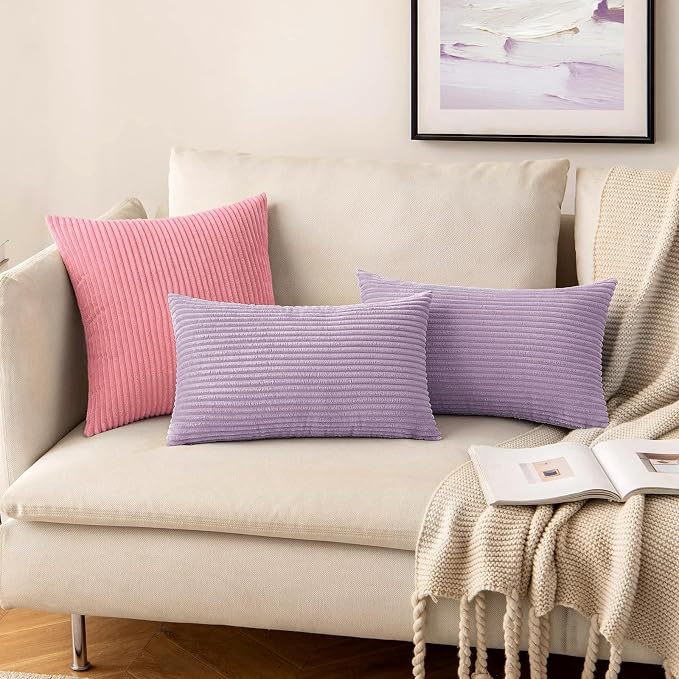 MIULEE Decorative Corduroy Throw Pillow Covers Set of 2 18x18 Lavender | Soft Striped Textured Cushion Cases, Boho Energetic Vibe Pillowcases for Home Decor, for Couch Chair Sofa Bed Living Room
