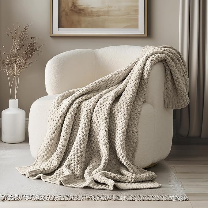 EVERGRACEHOME Chunky Chenille Knit Throw Blanket, 50 x 60, Warm Gray | Sculpted Moss Stitch, Chic Modern Farmhouse, All-Season Warmth, OEKO-TEX® Certified, Elegant Blanket for Couch, Bed, Sofa