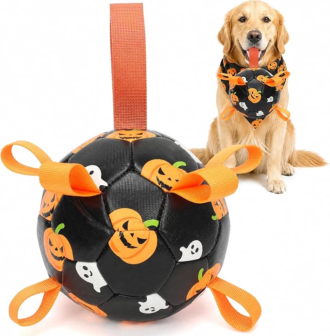 Dog Toys Balls, Dog Soccer Ball with Straps, Dog Birthday Gifts, Durable Balls for Small Medium Pet, Puppy Outdoor Toy, Pet Training Soccer Ball, World Cup Soccer (7.25 Inch) (Ghost, Large)