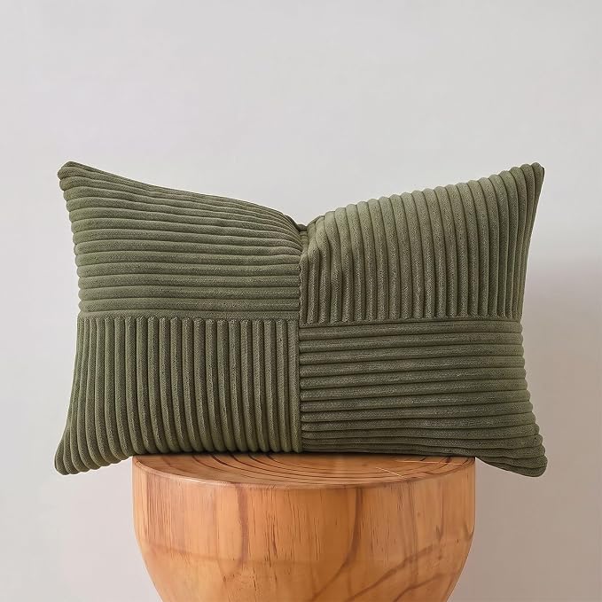 Fancy Homi Olive Green Lumbar Decorative Throw Pillow Covers 20x28 Inch for Living Room Couch Bed, Farmhouse Boho Home Decor, Soft Striped Corduroy Rectangle Accent Cushion Case 50x70 cm