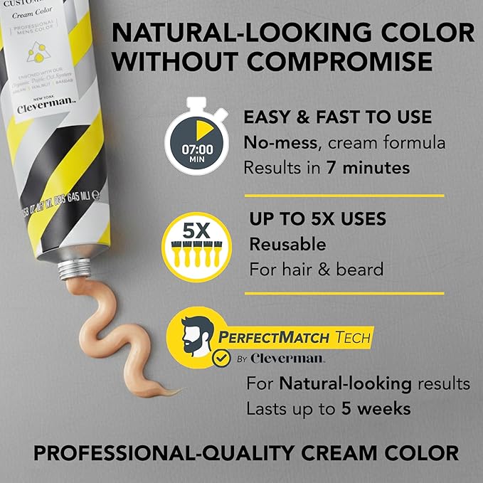CLEVERMAN Black Hair & Beard Dye for Men, All-in-One Reusable Kit - Natural-Looking Gray Coverage, Professional-Quality, Ammonia-Free, 3.38 Fl Oz (1 Pack), Black, Suitable for Black Hair