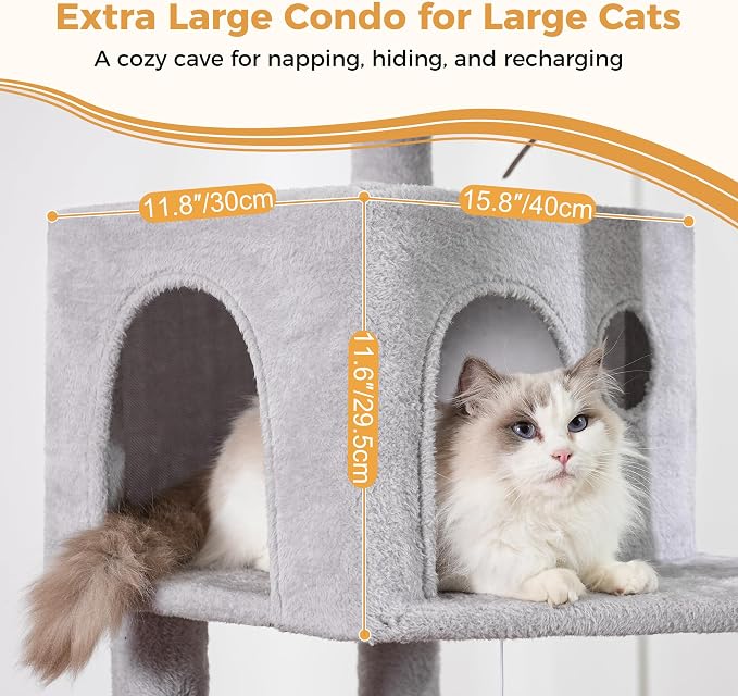 53”Cat Tree with Hammock & Extra Large Bed 23x12” for Large Cats | Adult Cat Tower with Enlarged Hammock, Spacious Condo, 23x12”Xlarge Top Bed, Scratching Posts &Wider Base for Big Cats