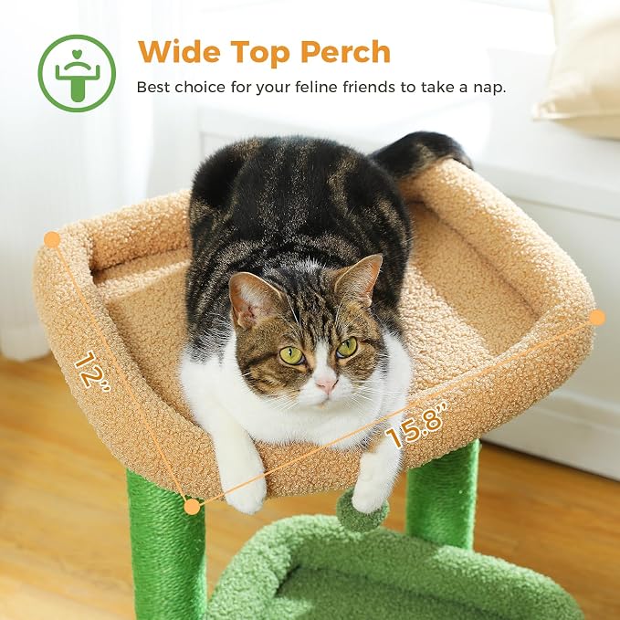 PEQULTI Indoor Cat Tree Tower Small Cats, Sisal Post & Cozy Condo, Green | Private soft cat condo, soft top perch, natural sisal scratch posts, plush pom-pom toy for indoor kitties