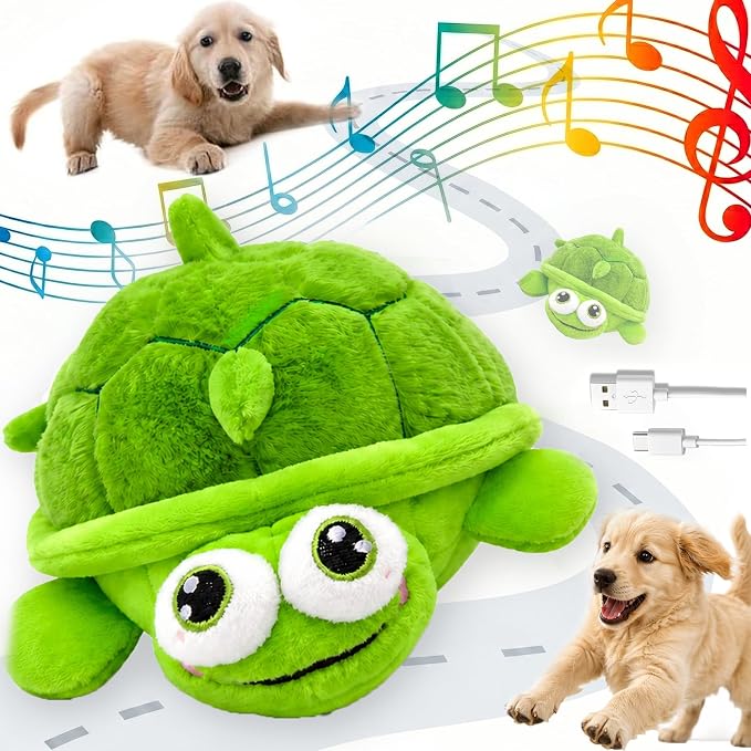Interactive Moving Dog Toys – Interactive Dog Toys Plush Chew Toy with Bouncing Ball, Music & Recording Rechargeable Self-Play Toys for Small, Medium & Large Dogs to Keep Them Busy (Turtle)