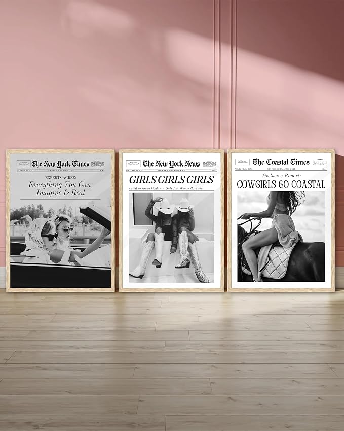 iHery 12x16in Cowgirls Go Coastal Framed Newspaper Wall Art | Natural OAK Wood Frame with Canvas Print, Western Horseback Decor for Bedroom, Dorm, Living Room and Gallery Wall, 1Pack