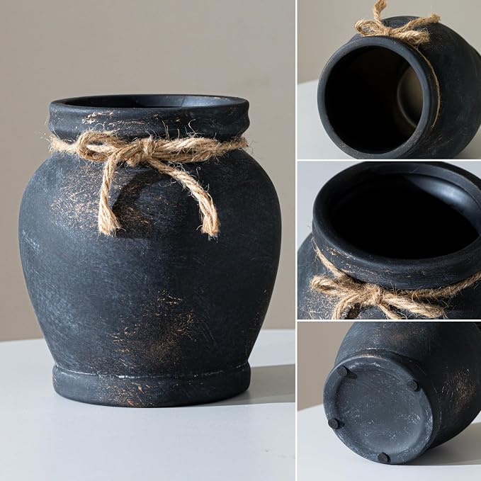 Lvases 6.5in Black Ceramic Vase Distressed Matte Modern Farmhouse Decor | Handcrafted distressed black ceramic vase with jute rope bow, small table centerpiece for living room kitchen and dining