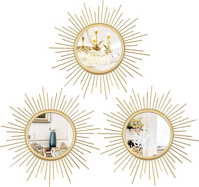 3 Pack Metal Mirrors for Wall Sunburst Wall Mirrors Home Décor Decorative Hanging Wall Art for Living Room Bedroom Entryway (Gold, Sunburst)