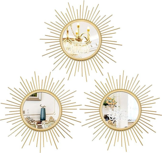 3 Pack Metal Mirrors for Wall Sunburst Wall Mirrors Home Décor Decorative Hanging Wall Art for Living Room Bedroom Entryway (Gold, Sunburst)