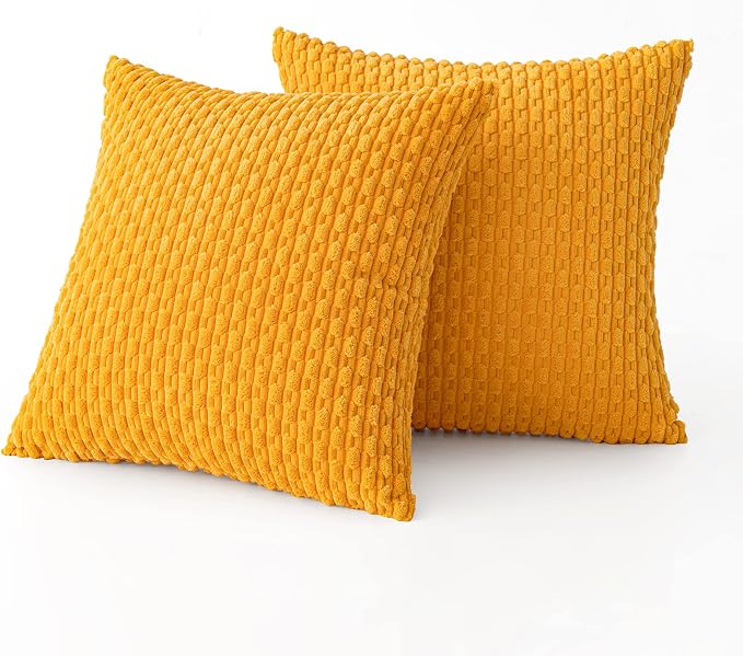 MIULEE Decorative Throw Pillow Covers 18x18 Golden Yellow Textured Corduroy | Pack of 2 Striped Pillow Covers Modern Farmhouse Home Decor for Couch Bed Sofa Living Room