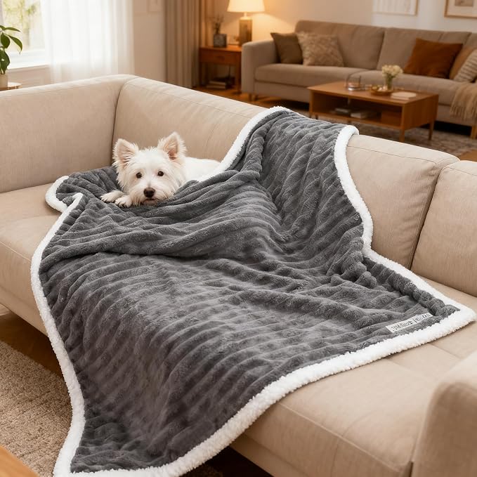 Waterproof Dog Blanket Dark Grey 50x60 in | Soft Pet Cat Blanket Cozy Calming Sherpa Corduroy Fleece Reversible Furniture Bed Protector Small Dogs Machine Washable
