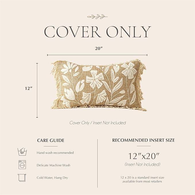 Lumbar Pillow Cover 12x20 Inch Indoor Outdoor, Jute Inspired Floral Tufted Decorative Accent Pillow Case for Patio Couch Sofa Living Room, Cover Only