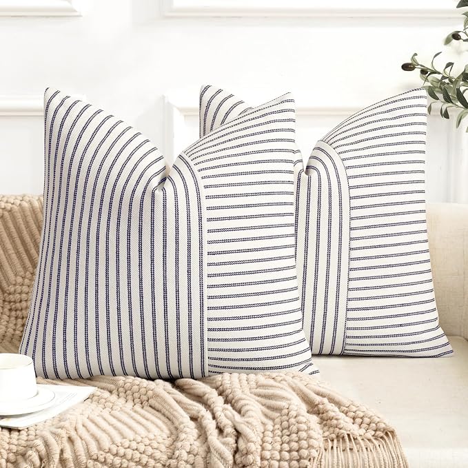 YCOLL Farmhouse Pillow Covers 22x22, Modern Accent Throw Pillow Covers Set of 2, Navy and Beige Striped Patchwork Linen Decorative Pillows Cushion Covers for Couch Chair Bedroom Home Decor