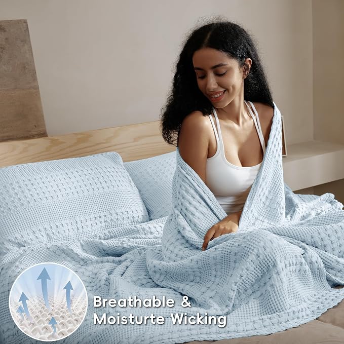 PHF 100% Cotton Waffle Weave Blanket King Size, Lightweight Breathable Summer Blanket for Hot Sleepers, Pre-Washed Soft Layer for Bed, Couch, Home Decor Gift, 108"x90", Sky Blue