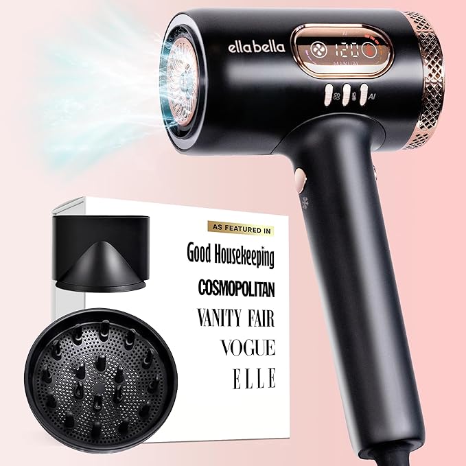 ELLA BELLA® Professional Smart Plasma Hair Dryer with Diffuser • Advanced Plasma Technology Blow Dryer • Intelligent Heat Control & Wind Speeds • Suitable All Hair Types