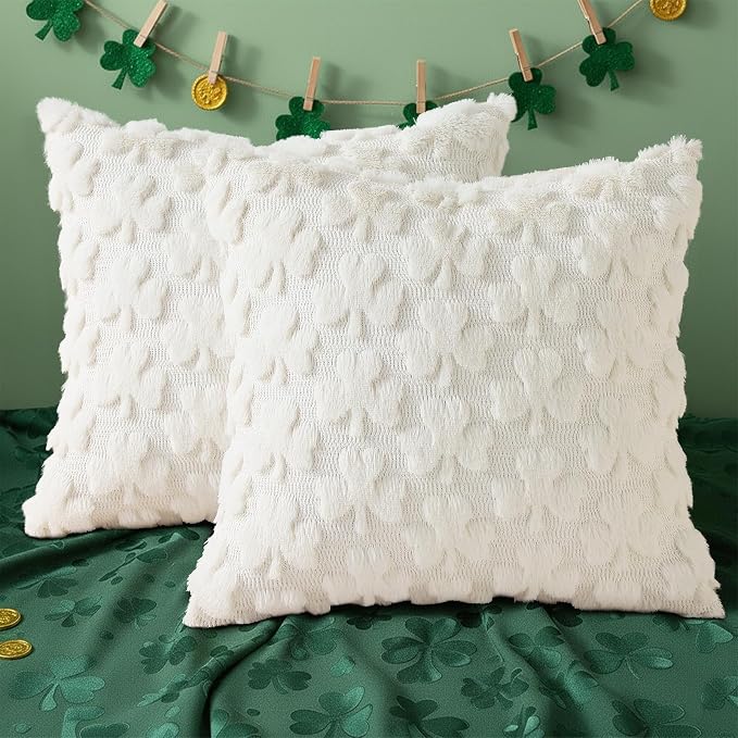 decorUhome Faux Fur Throw Shamrock Cream White Pillow Covers 20X20 Set of 2 | Plush Soft Wool St. Patrick’s Day Throw Pillow Covers, Accent Modern Farmhouse Pillow Covers Holiday Decor for Sofa Bed