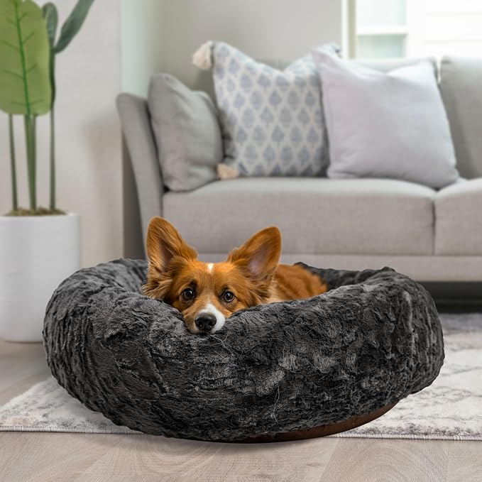 Best Friends by Sheri Original Calming Donut Dog Bed, Mink Gray, 30" | Machine-Washable Cover, Lux Faux Fur, Orthopedic Support, Sense of Security, Water-Resistant Base, Medium Dogs Up to 45 lbs