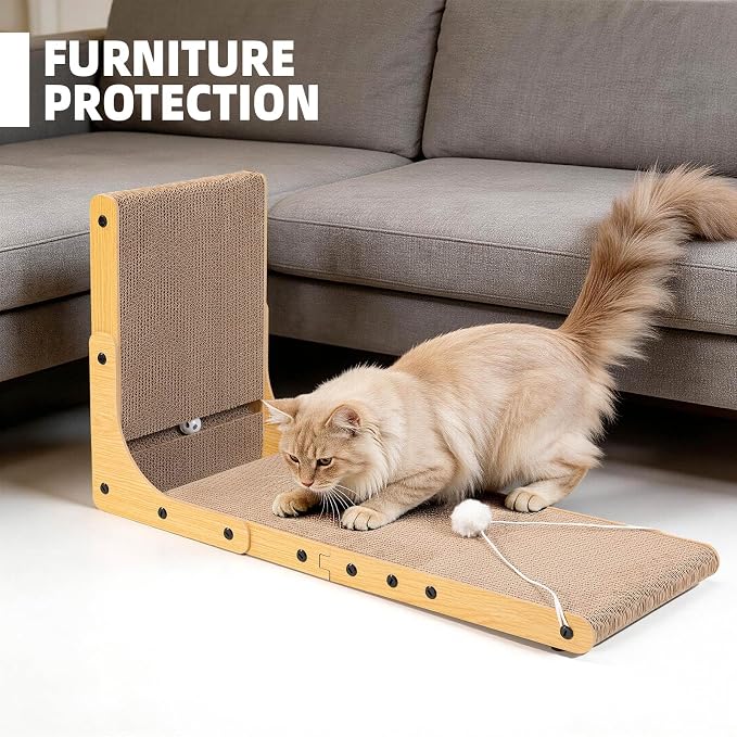 27.6 Inch Reinforced Cat Scratcher, L-Shaped Wall Mount Scratching Post with 2 Catnip Balls & 1 Fuzzy Ball Toy, Easy Flip Scratch Pad for Indoor Cats