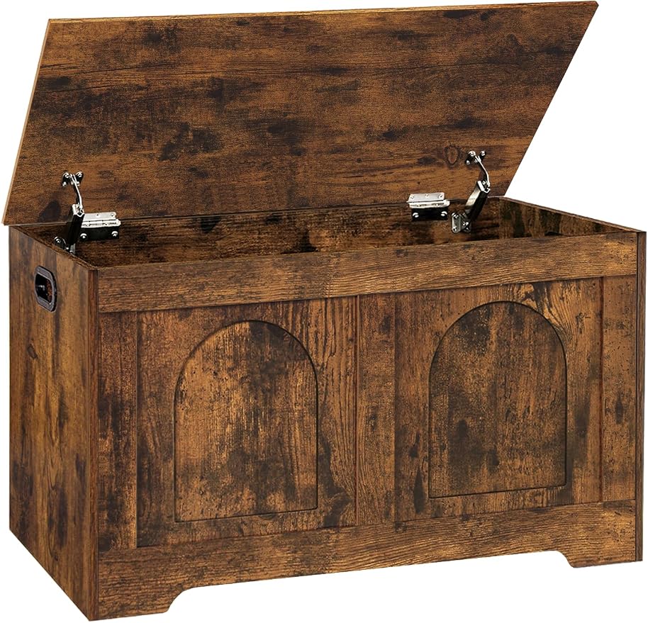 Storage Chest, Wooden Toy Box, Rustic Brown 31.5" L | Entryway Shoe Bench, 2 Soft-close Hinges, Finger-safe Flip-Top Lid, Easy Assembly, Farmhouse Large Trunk, Living Room/Bedroom