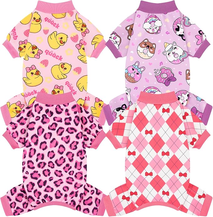 XPUDAC 4 Pack Dog Pajamas Pink Dog Clothes for Small Medium Dogs, 2XL | Stretchy, Soft, Breathable, Leopard Duck Pattern, Sleepwear, Gentle on Skin, Dog Recovery Suit, Shedding Suit, All Seasons