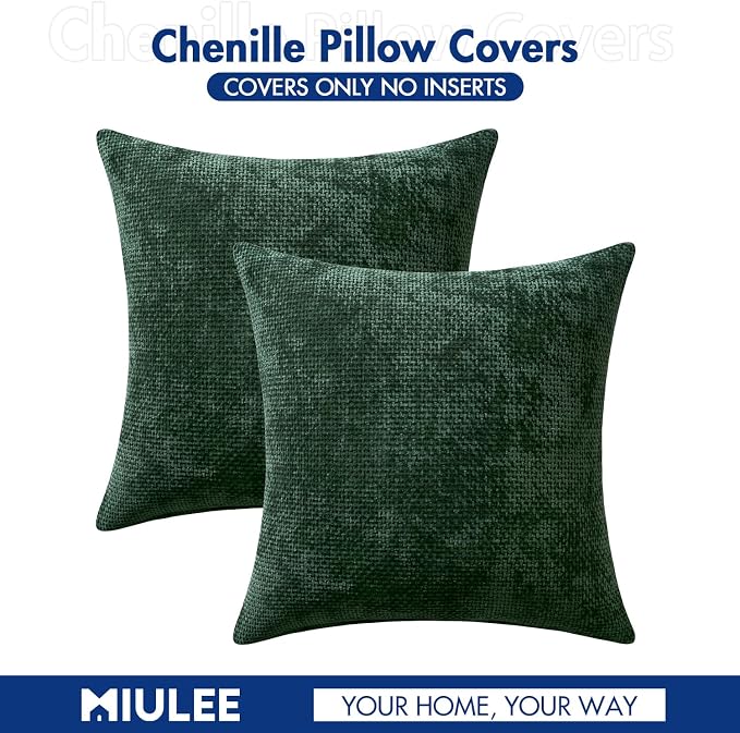 MIULEE Decorative Couch Throw Pillow Covers 20x20 in Christmas Green 2 Pack | Modern Boho Accent, Soft Chenille Pillow Covers, Farmhouse Cushion Cases for Home Decor Bed Sofa Living Room