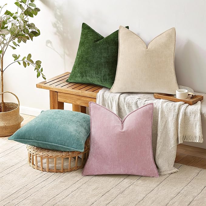 decorUhome Chenille Beige Velvet Throw Pillow Covers 20x20 Set of 2 | Fall Soft Couch Decorative Modern Farmhouse Pillow Cases with Elegant Design for Sofa Bed Living Room Home Decor
