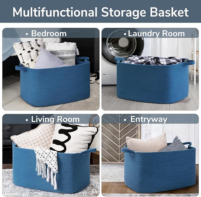 Goodpick Large Woven Rope Blanket Basket, Rectangle, Dark Blue | 21.6'' x 14.9'' x 11.8'' Storage Basket for Blankets & Toys, Living Room, Bedroom & Nursery Organization, Reinforced Handles