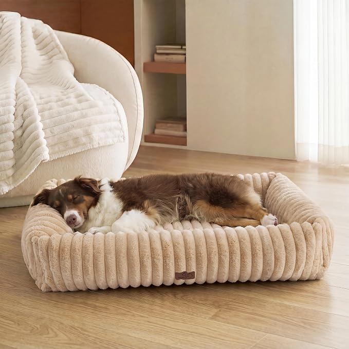 Bedsure ComfyFleece™ Dog Beds Large Sized Dog Washable，40in Sandy Beige | Furry Big Rectangle XL Pet Beds,Cute Aesthetic,Orthopedic Corduroy Fleece,Removable Zipper Cover,Non-Slip Bottom,Up To 75 Lbs