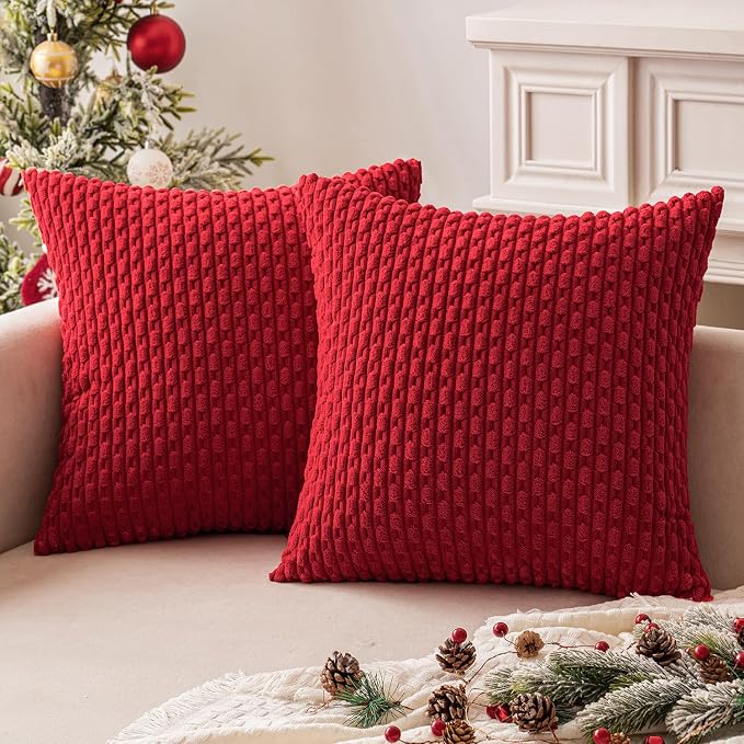 MIULEE Decorative Throw Pillow Covers 18x18 Red Textured Corduroy | Pack of 2 Striped Pillow Covers Modern Farmhouse Home Decor for Couch Bed Sofa Living Room